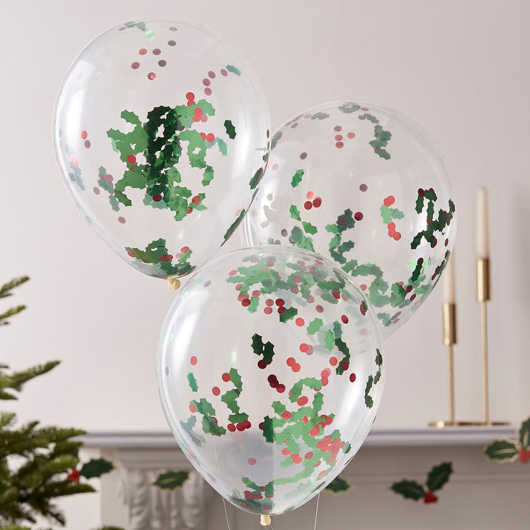 Christmas Holly + Berries Confetti Filled Balloon Bundle