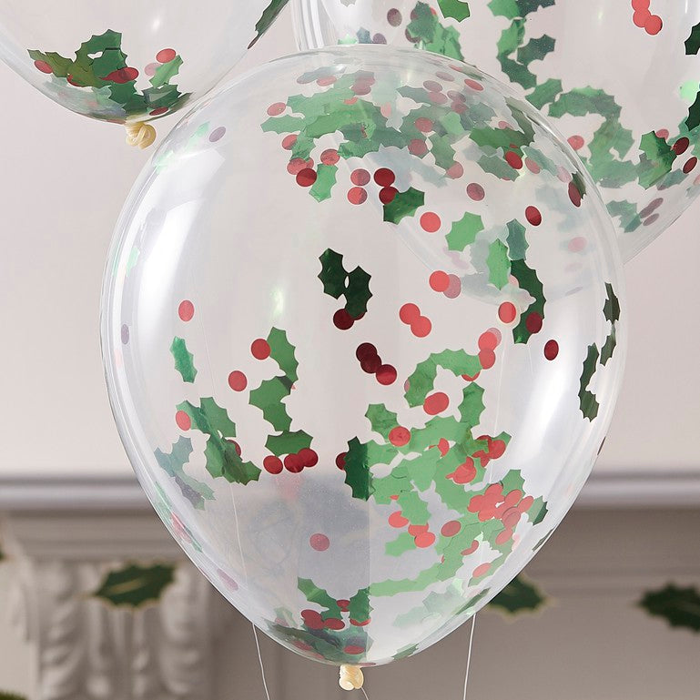 Christmas Holly + Berries Confetti Filled Balloon Bundle