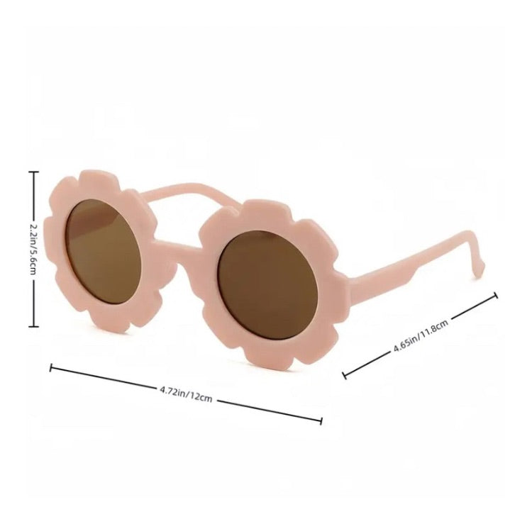 Kids Flower Shaped Fashion Glasses in blush pink with the measurements