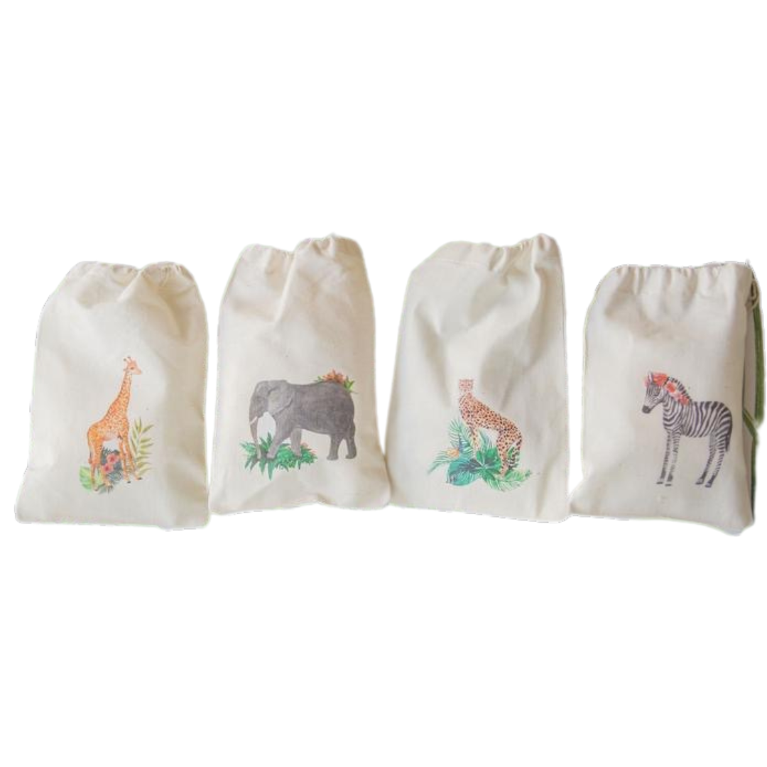 4 Calico Favour bags with Safari animals