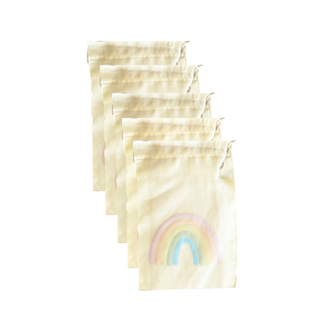 5 Rainbow Print Calico Party Favour Bags with draw strings