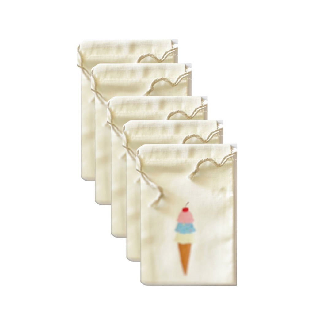 5 pack of ice cream print calico party favour bags with draw string