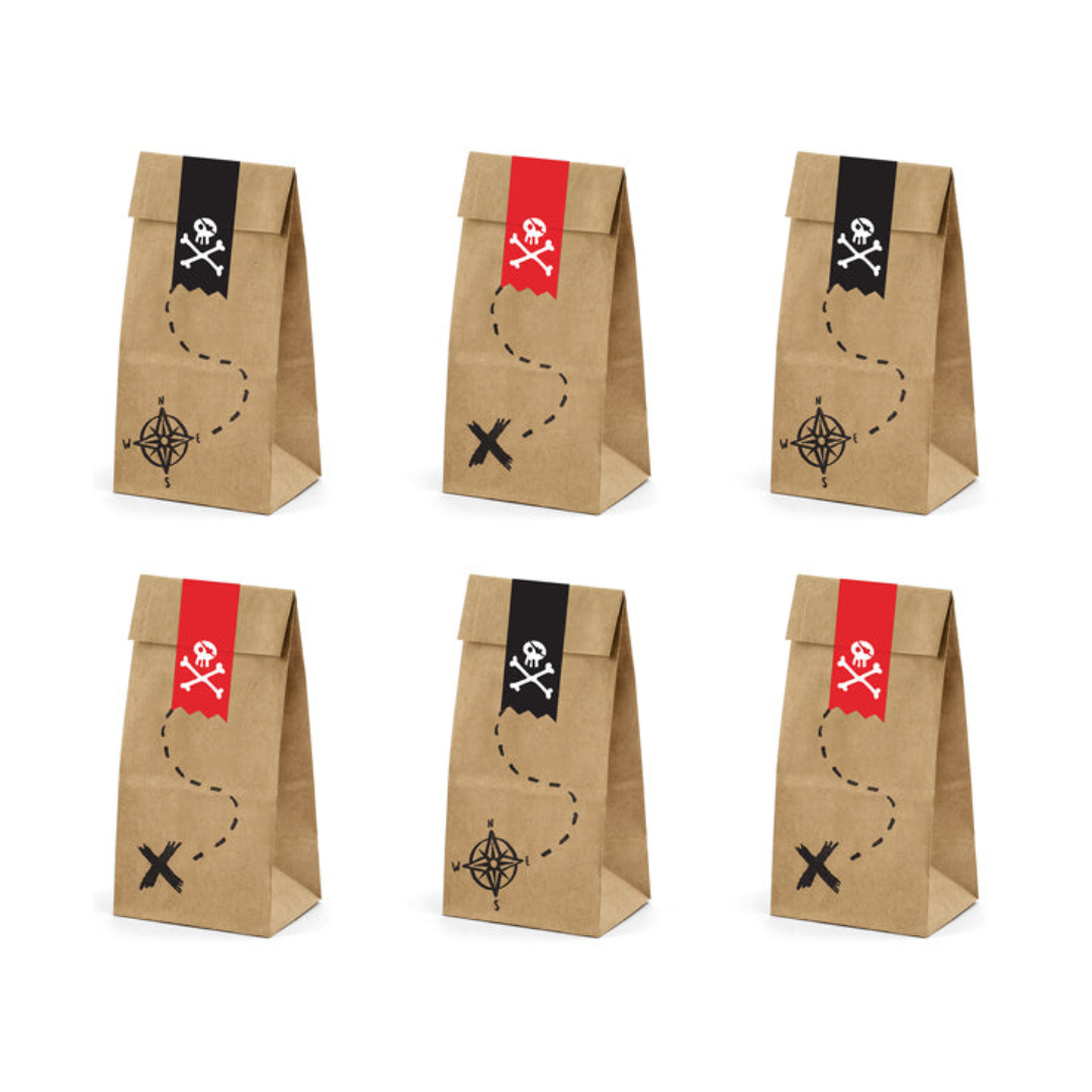 Pirate Party Mini Kraft Paper Bags with Stickers - Pack of 6