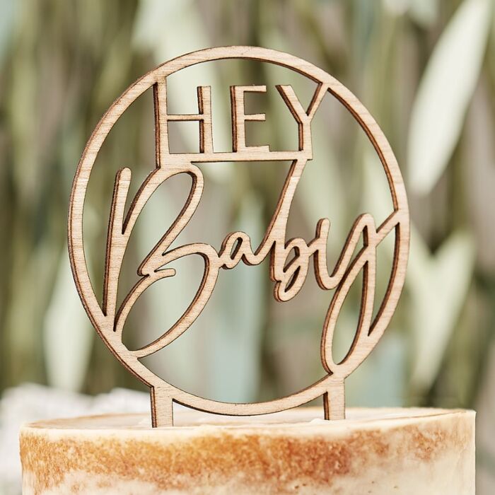 Wooden 'HEY Baby' Cake Topper by Ginger Ray