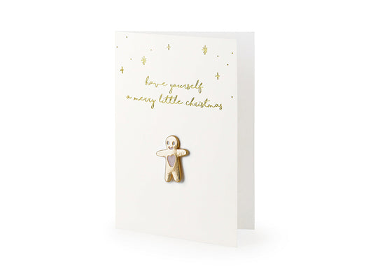 Merry Little Christmas Card with Enamel Gingerbread Man Badge