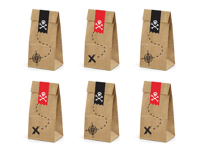 Pirate Party Mini Kraft Paper Bags with Stickers - Pack of 6
