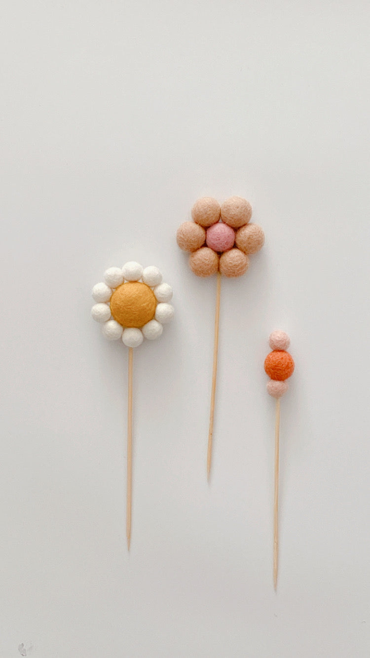 Felt Flower Pom Pom Cake Toppers - Set of 3
