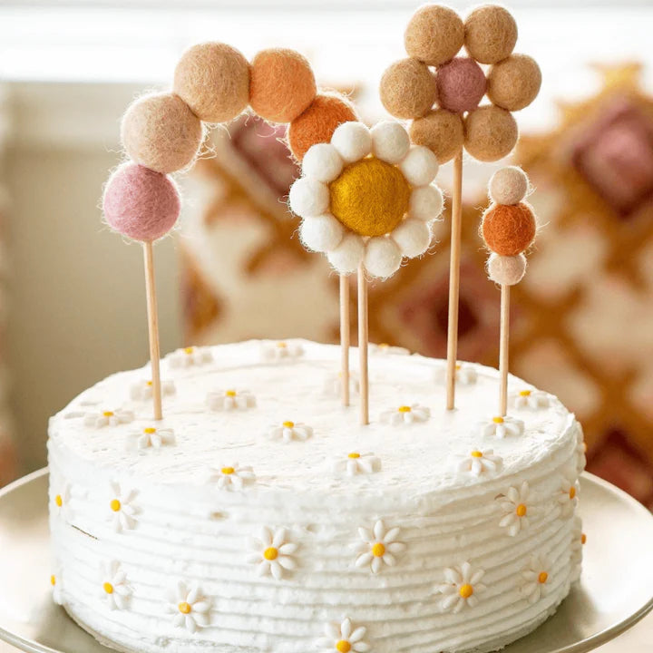 Felt Flower Pom Pom Cake Toppers - Set of 3
