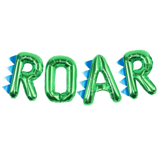 40cm green letter balloons spelling ROAR, and 3 dinosaur spikes and twine to hang.