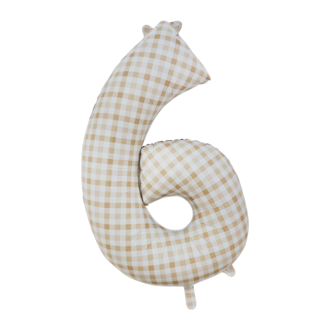 White Sand Gingham 82cm Number 6 Balloon