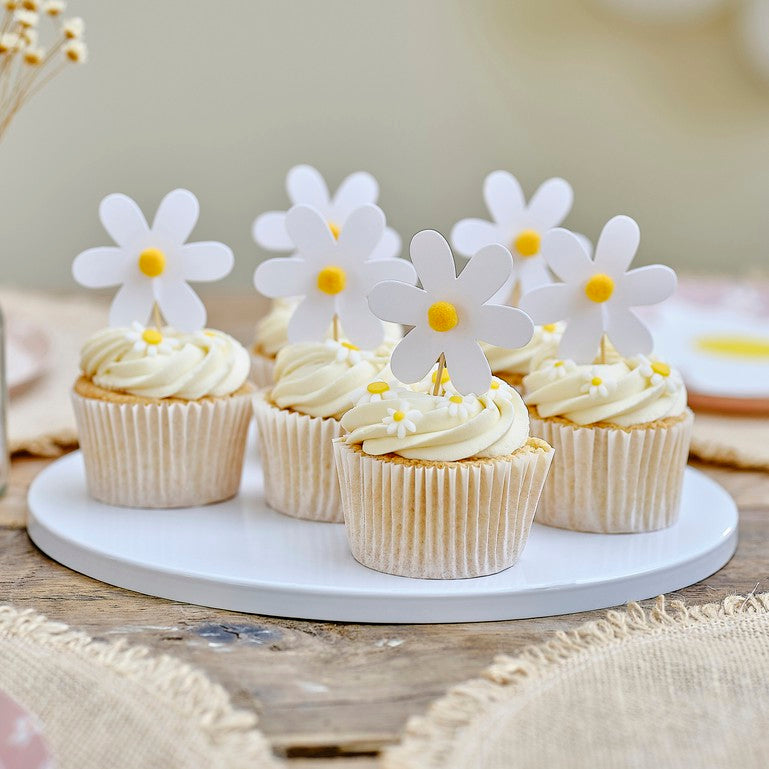 Daisy Cupcake Toppers with Pom Poms - Pack of 12