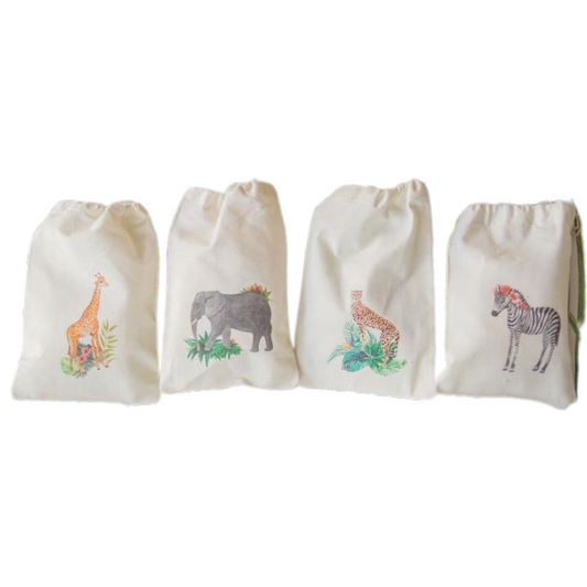 4 Calico Favour bags with Safari animals 