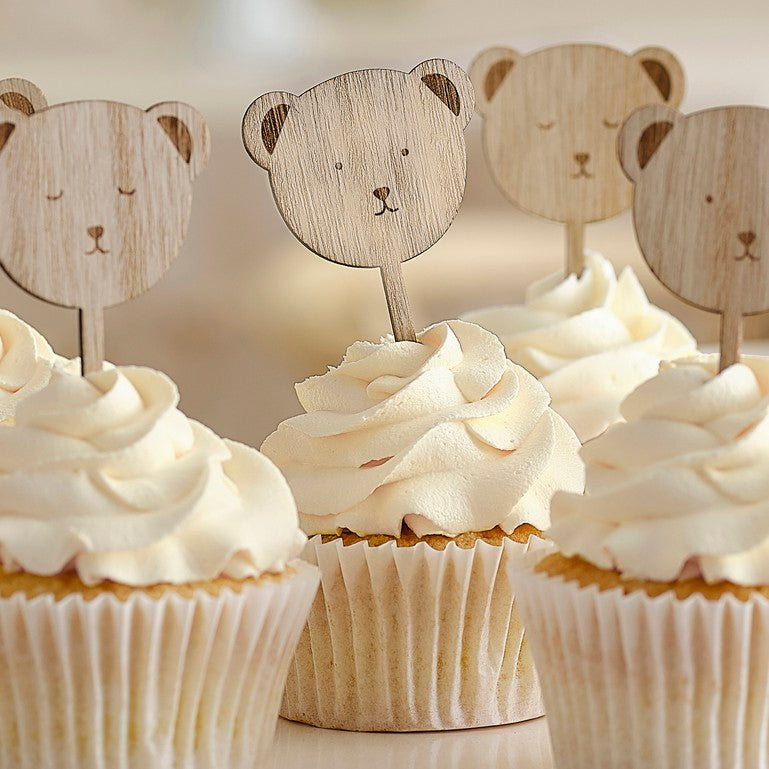 Wooden Teddy Bear Cupcake Toppers - Pack of 6