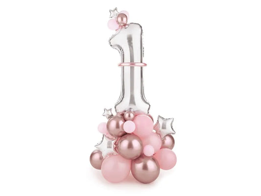 Number 1  Standing Balloon Bouquet Kit - Pink, Silver + Rose Gold