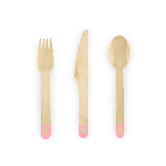 Blush Pink Hearts Wooden Cutlery - Pack of 18