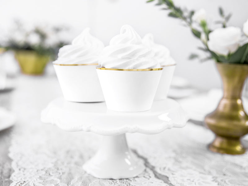 Elegant Bliss Gold Rimmed Cupcake/Muffin Wrappers - White