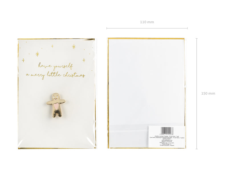 Merry Little Christmas Card with Enamel Gingerbread Man Badge