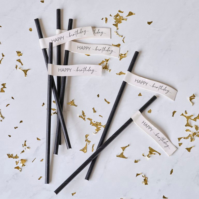 Nude and Black Happy Birthday Paper Straws