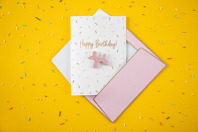 Sprinkle Birthday Card with Balloon Dog Enamel Badge