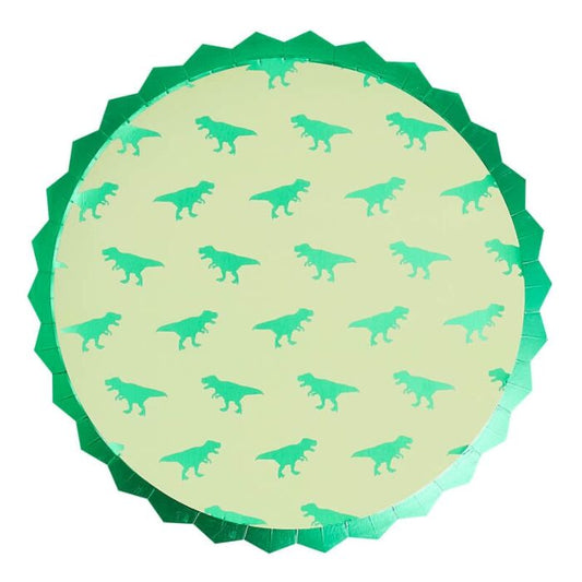 Dinosaur Party Paper Plates with green foil dinosaur pattern and spiked rim.
